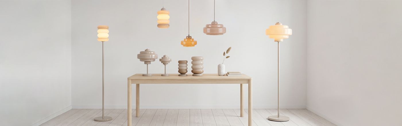 Layered circular floor and pendant lamps in cream white tones with sculptural decor