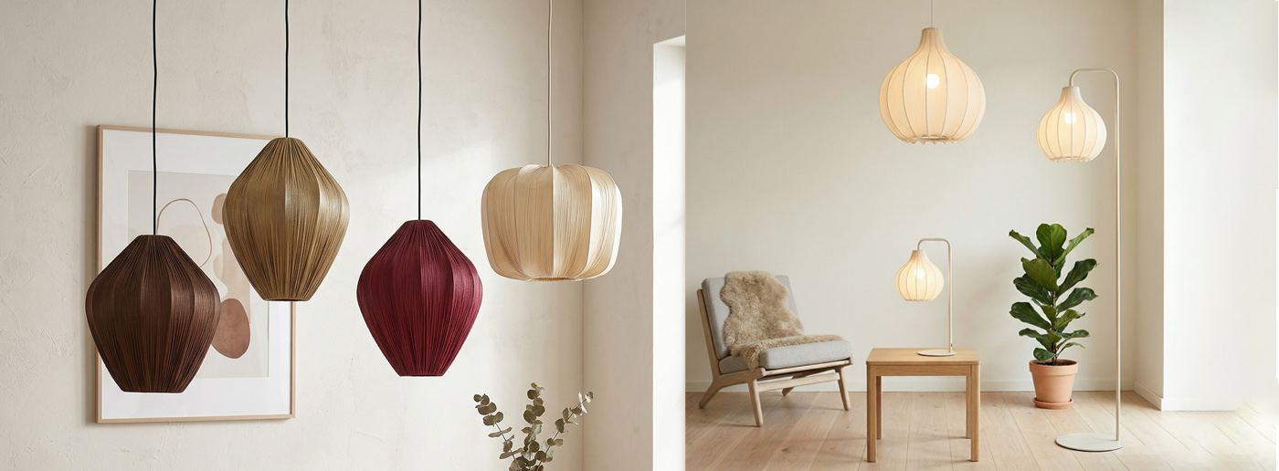 Pleated pendant and floor lamps in warm cocoa, burgundy, tan and cream tones