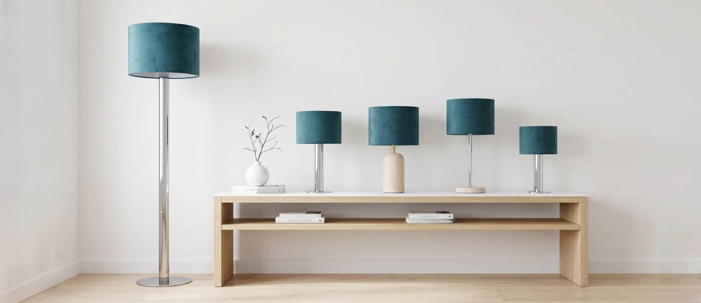 Luxury velvet shade lamps in teal blue with brushed chrome and wood bases