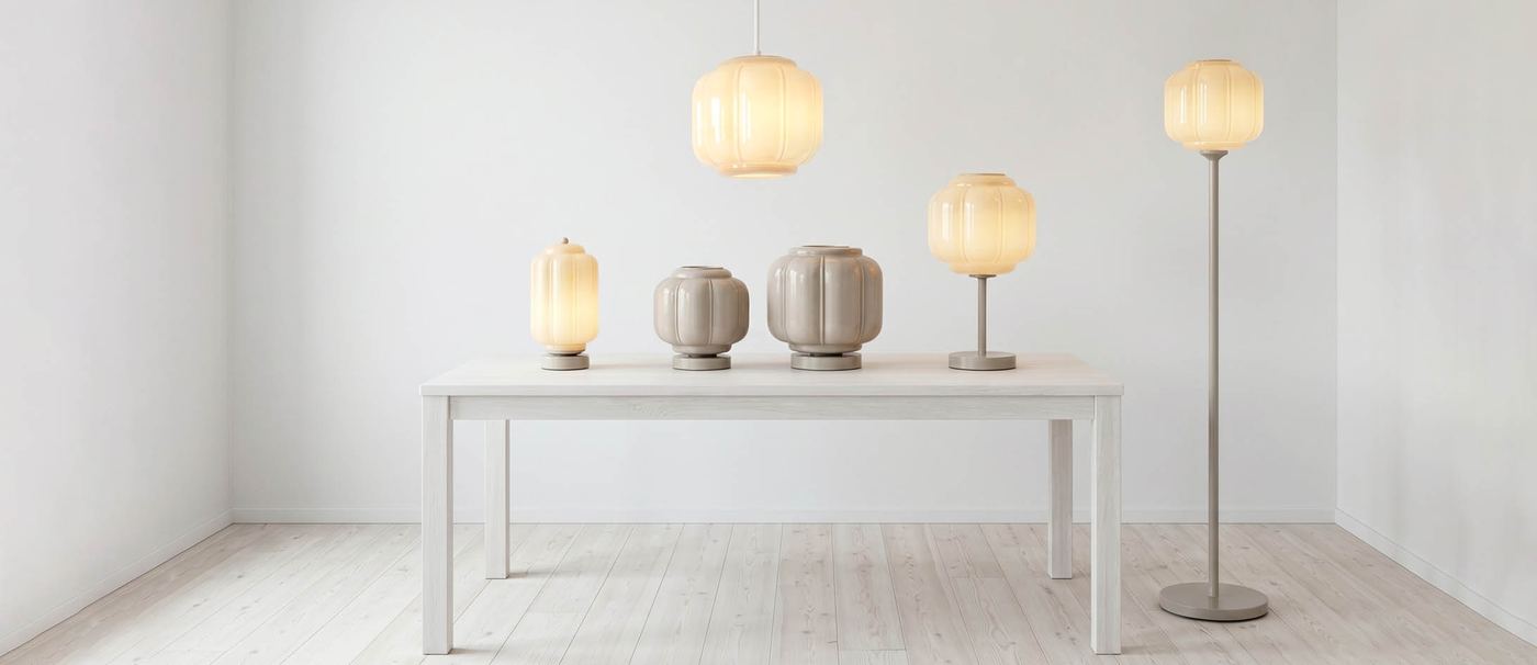 Scandinavian ribbed glass lantern collection with pendant and table lamps