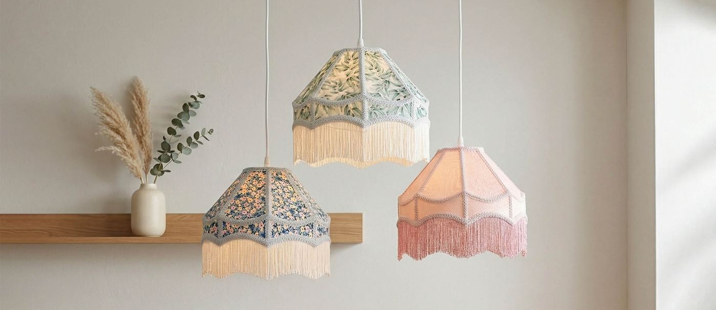 Bohemian pendant lamps with floral fabric patterns and fringe tassels