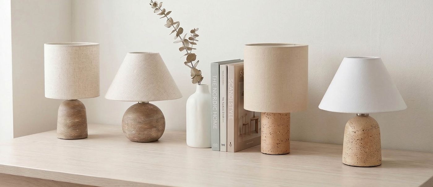 Natural cork and ceramic table lamps with linen shades in neutral tones