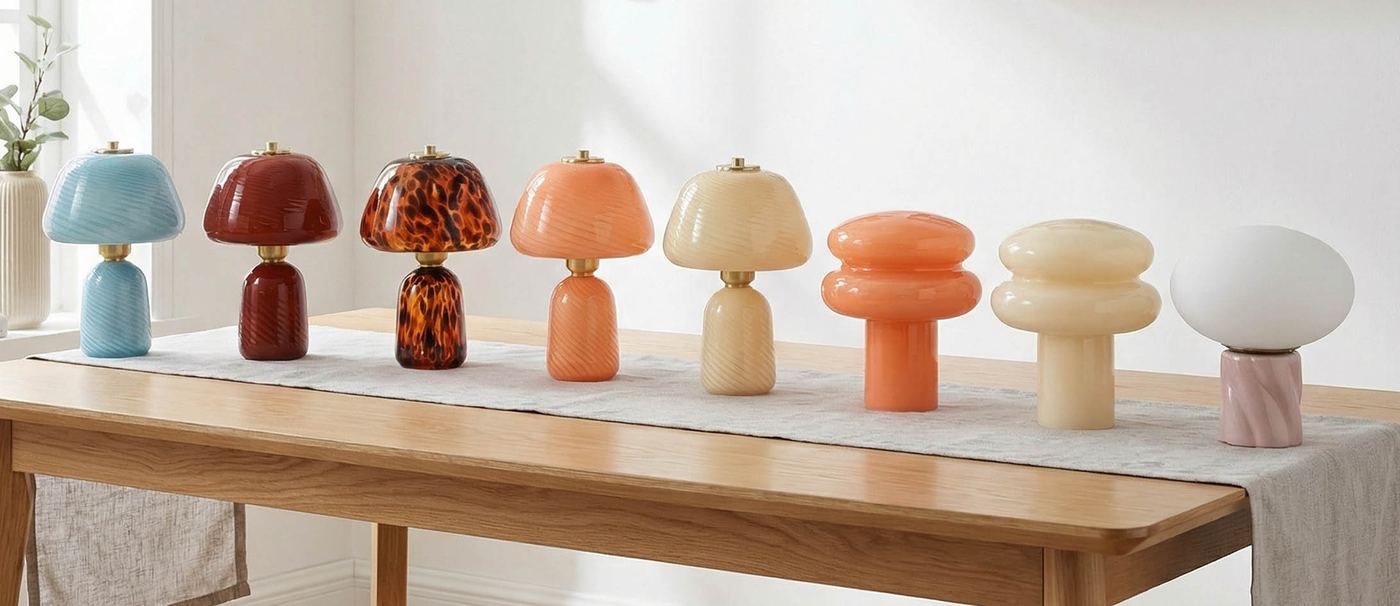 Colorful mushroom glass table lamps in blue, red, tortoise, peach and cream