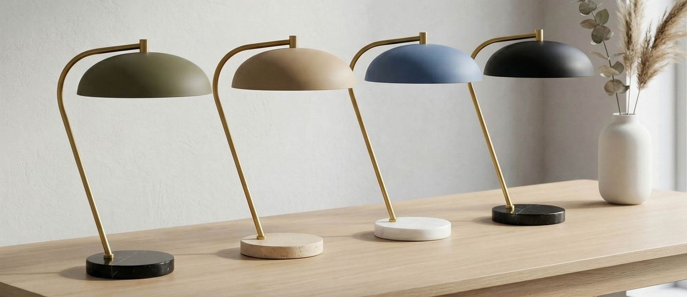 Mid-century desk lamps with brass arms and dome metal shades in green, beige, blue, black